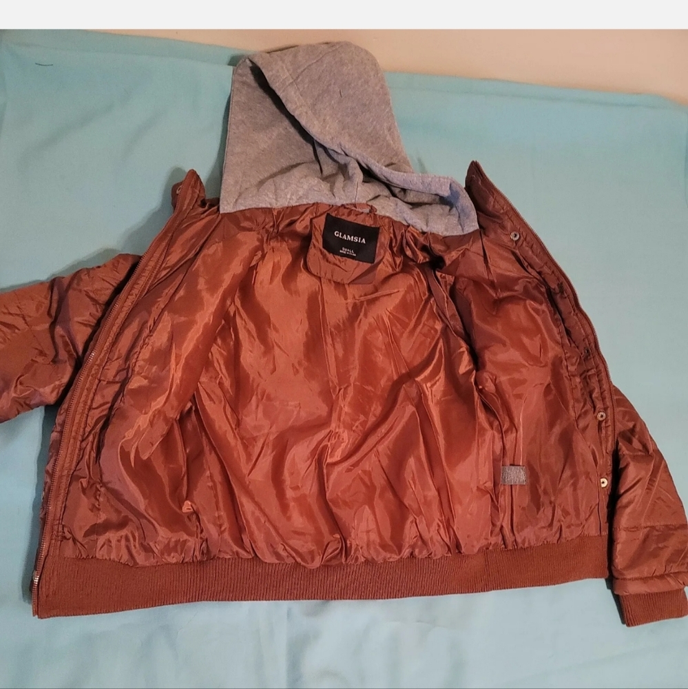 Women's junior brown jacket Size Medium hood gray - Picture 3 of 5